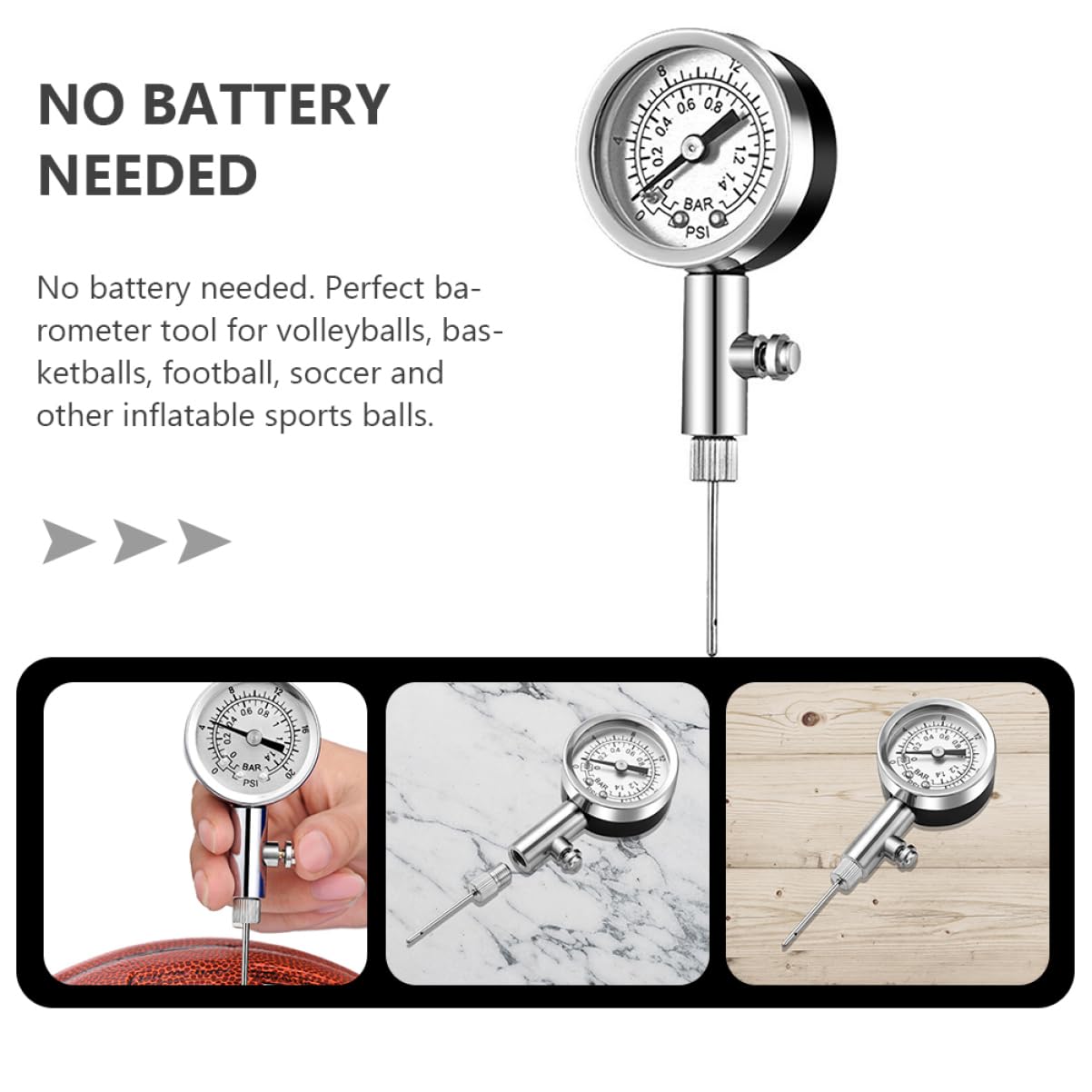 Toddmomy Barómetro Fútbol Americano Compresor Deportes Fuerza Baloncesto con Accesorios De Baloncesto Equipo Indicador Aire Aguja para Inflar Juego Neto Silver Metal