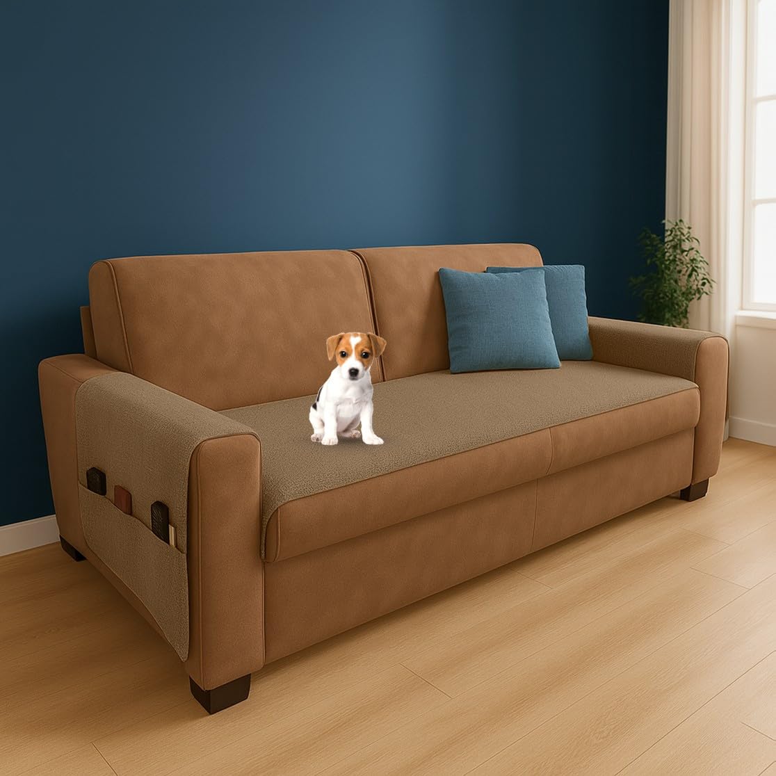 Farè – Runner Copriseduta Divano Impermeabile con Copribraccioli e Tasche Organizer - Copridivano Universale Antimacchia - Ideale per cani, gatti e bambini - Armor Tortora