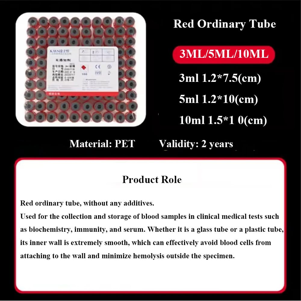 Provetta per Prelievo di Sangue Rosso,3Ml/5Ml/10Ml,Provette per Centrifuga,Provette per Prelievo di Sangue sotto Vuoto,Pressione Negativa,per Test di Laboratorio,Animali,100 Pezzi,5ml