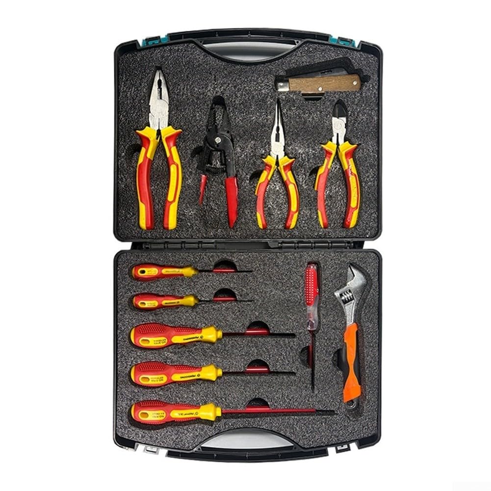 Set Utensili Elettricisti 12 Isolati con Valigetta, Pinze e Cacciaviti in per acciaio per Riparazioni Domestiche e per fai da Te, Custodia per portatile 330x270mm
