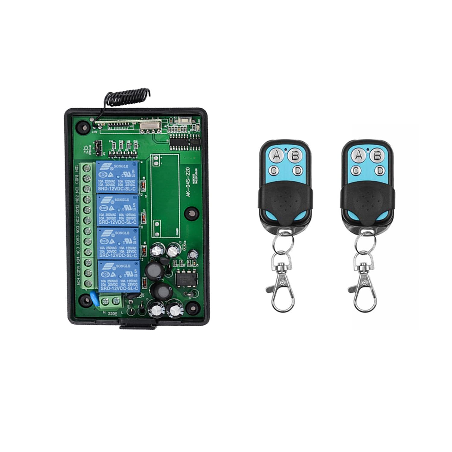 Interrupteur de télécommande sans fil 433 MHz RF 4 canaux AC 110 V/220 V/230 V/240 V Relais récepteur avec télécommande 4 canaux pour portes de garage/stores/lumières/pompes sans COM NC Sortie relais