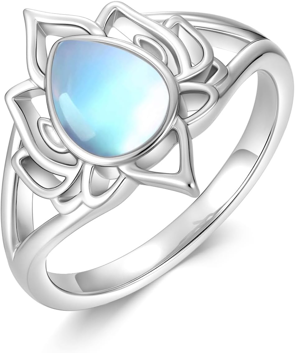 Moonstone Lotus Rings for Women 925 Sterling Silver Lotus Flower Ring Yoga Spiritual Protection Jewelry for Women Lotus Gifts