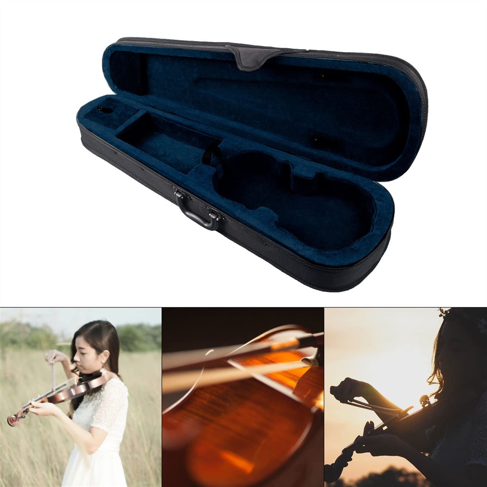 FLFL Estuche para violín Ligero 1/4 Tamaño Caja De Triángulo De Violín Acústico Cubierta Negra Interior Azul Oscuro con Correas De Bolsillo De Libros