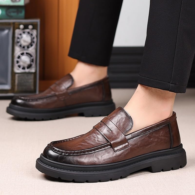 Men’s Fall Business Casual Slip-on Shoes Trendy Leather Loafers with Hand-Grabbed Texture3