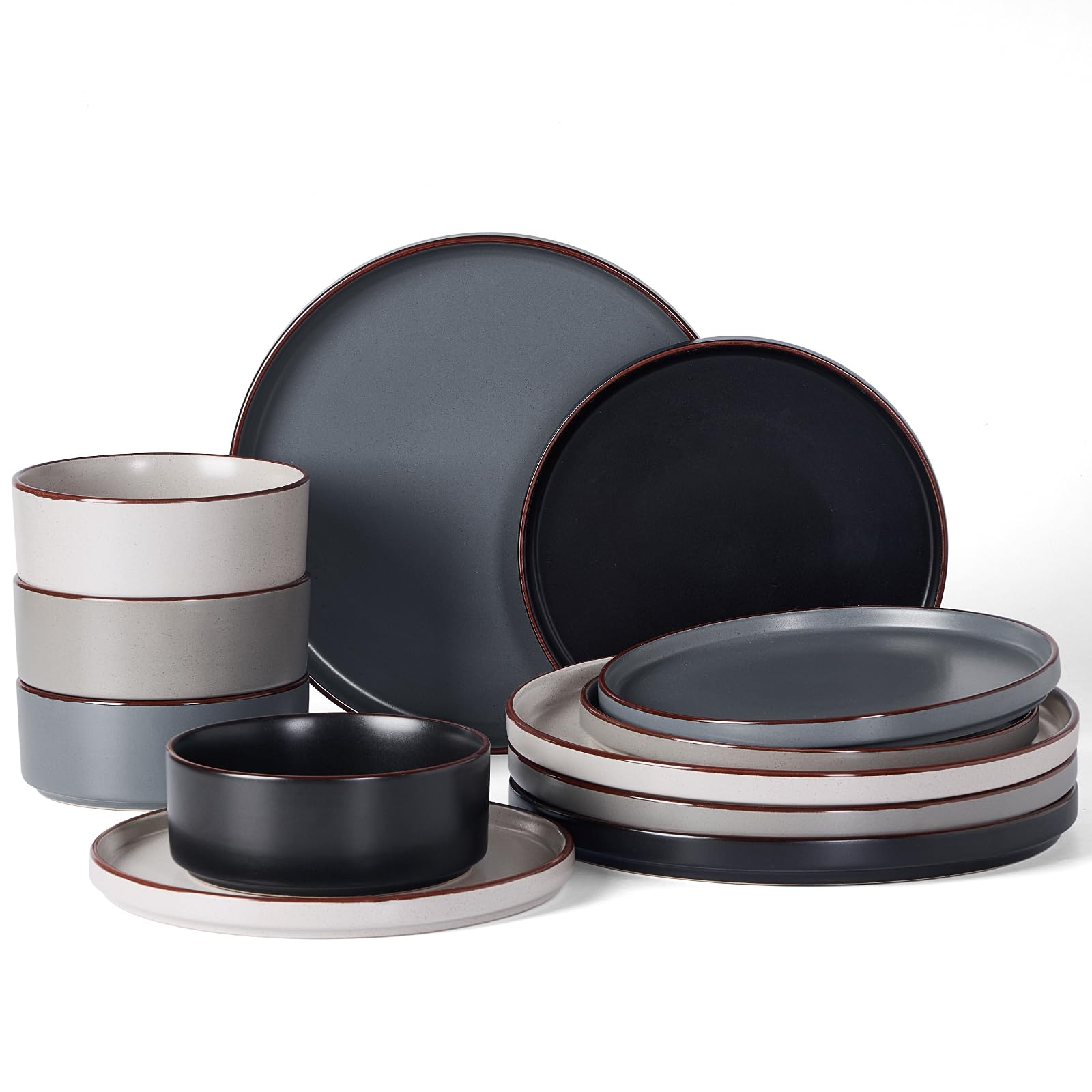 Famiware Nebula Ridge Stoneware Dinnerware Sets, Plates and Bowls Sets for 4, 12 Pieces Dishes Set, Microwave and Dishwasher Safe Kitchen Plates, Multi-color