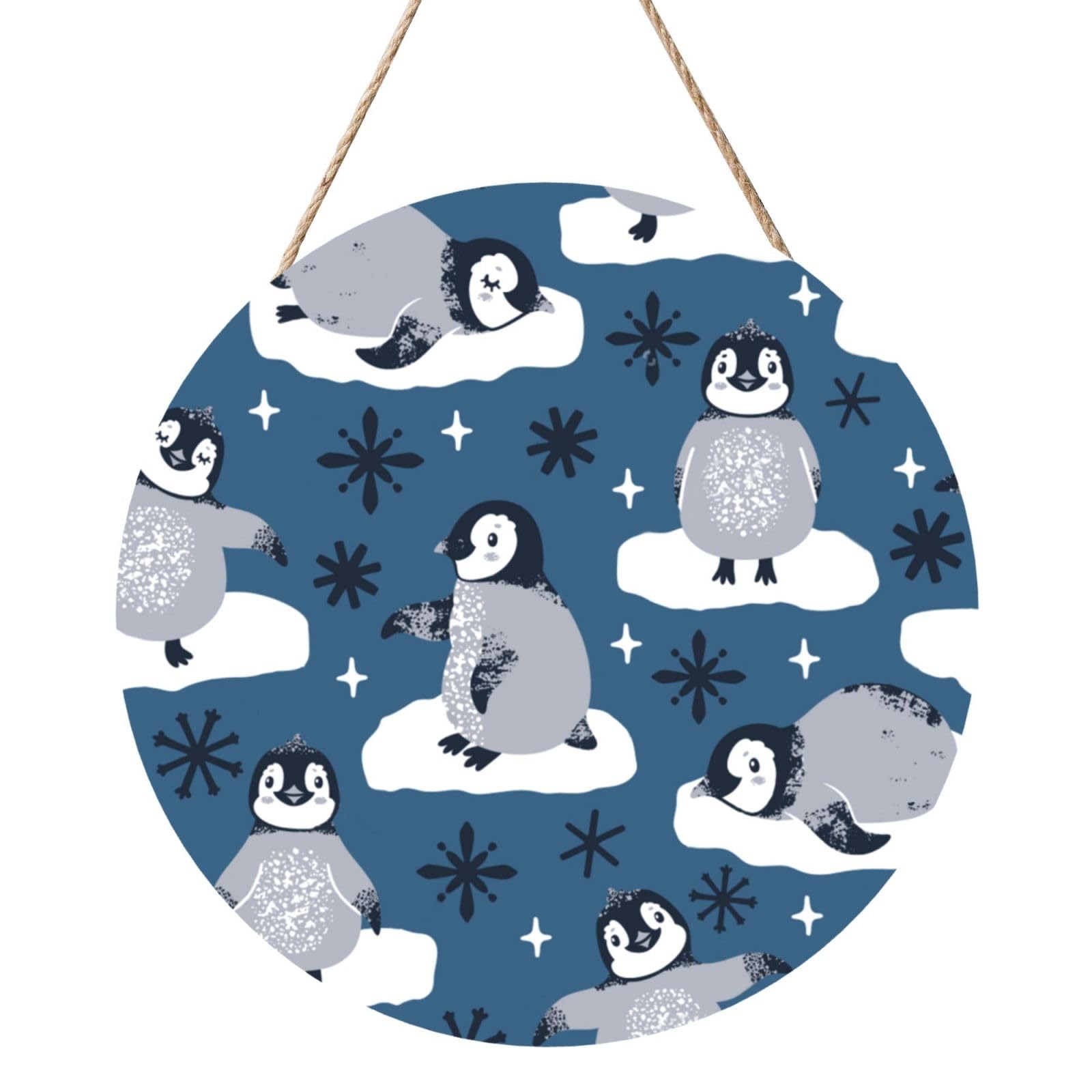 InOmak Cute Penguins And Snowflakes, Round Wood Panel Painting 12 in, Wall Hanging Painting For Home
