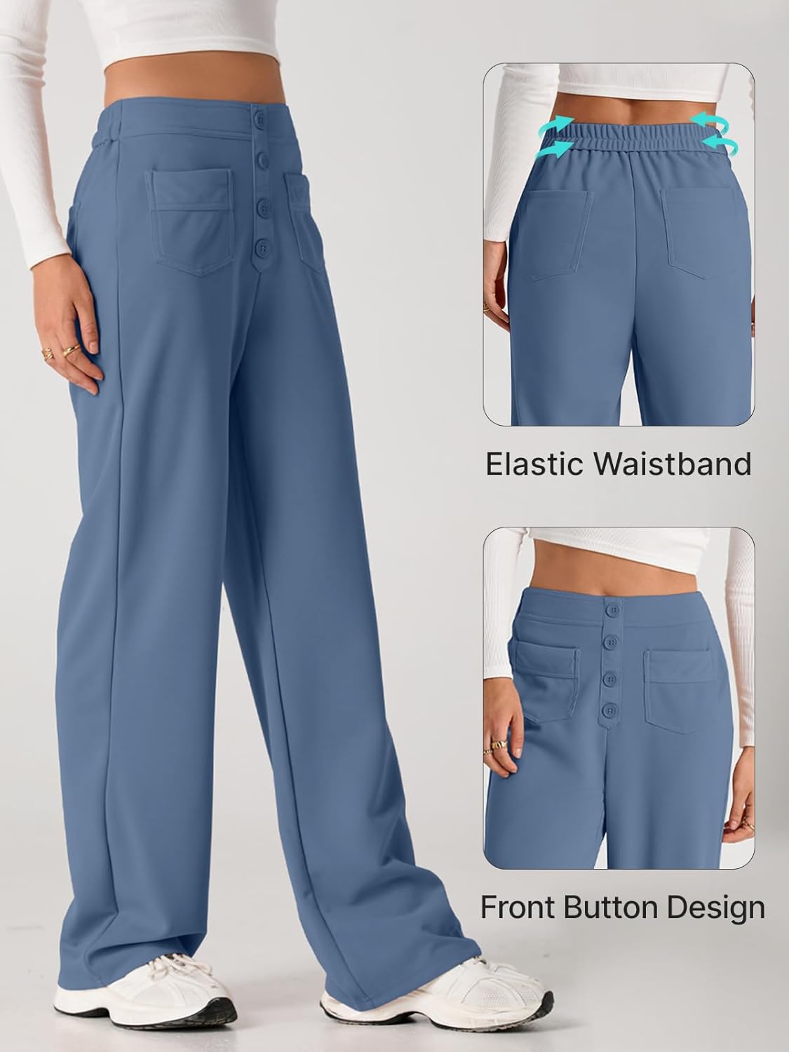 EVALESS Womens High Waist Button Stretchy Work Pants Straight Leg Office Dress Pant Business Casual Trousers with Pocket - Image 4