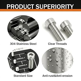 M3 x 10mm (50 Pack) Socket Head Cap Screws Bolts, 304 Stainless Steel 18-8, Allen Socket Drive, Full Thread, Bright Finish, with Hex Spanner