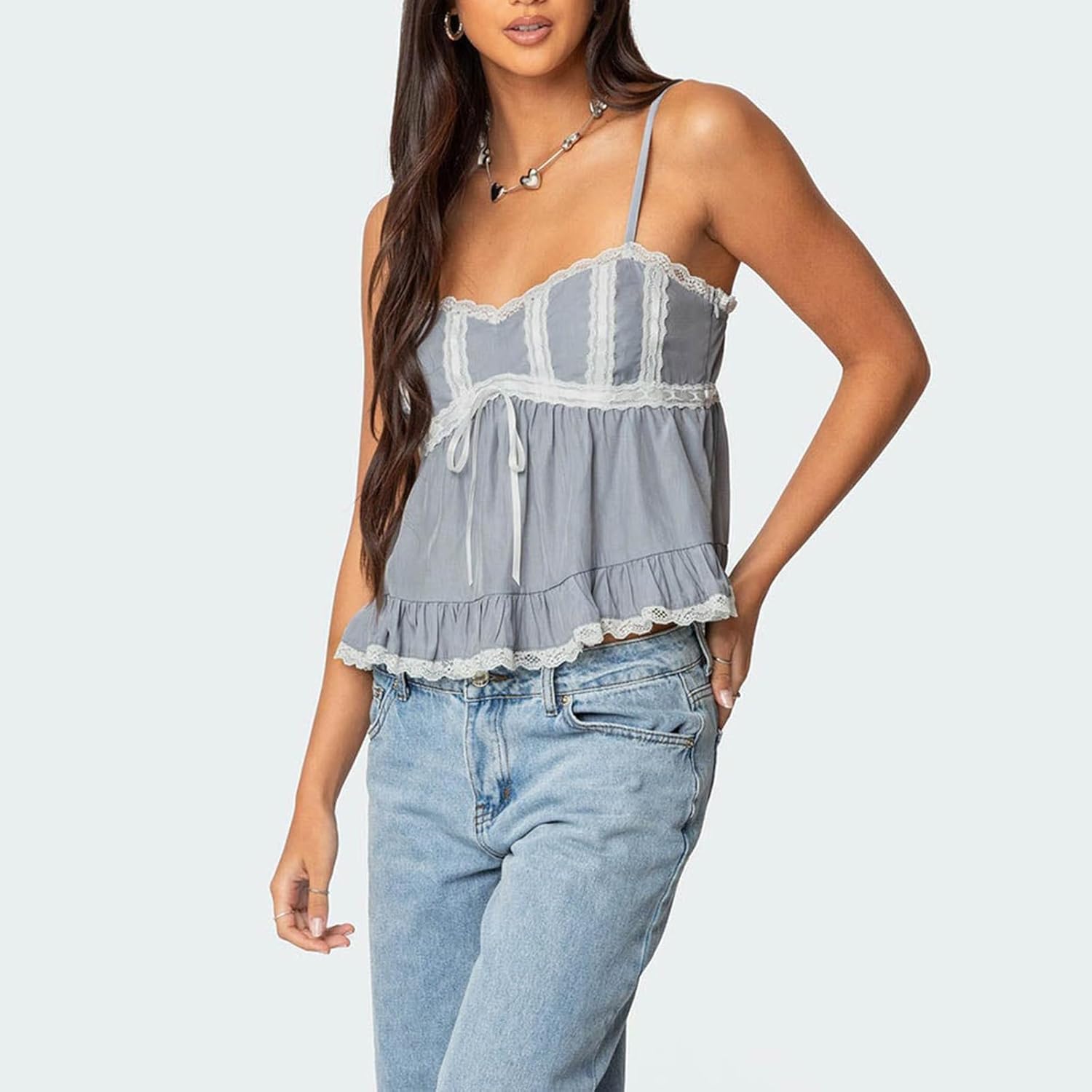 Women Y2k Lace Trim Spaghetti Strap Camisole Sleeveless V Neck Slim Fit Tie Front Backless Going Out Cami Tops - Image 4