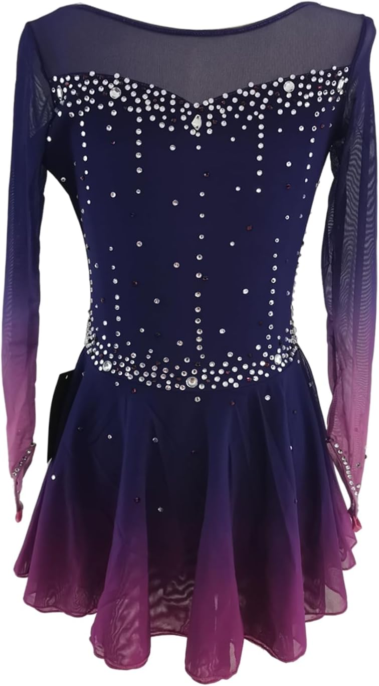 LIUHUO Figure Skating Dress Gradient Purple Mesh Skirt Girl Hook Sleeves Competition Performance