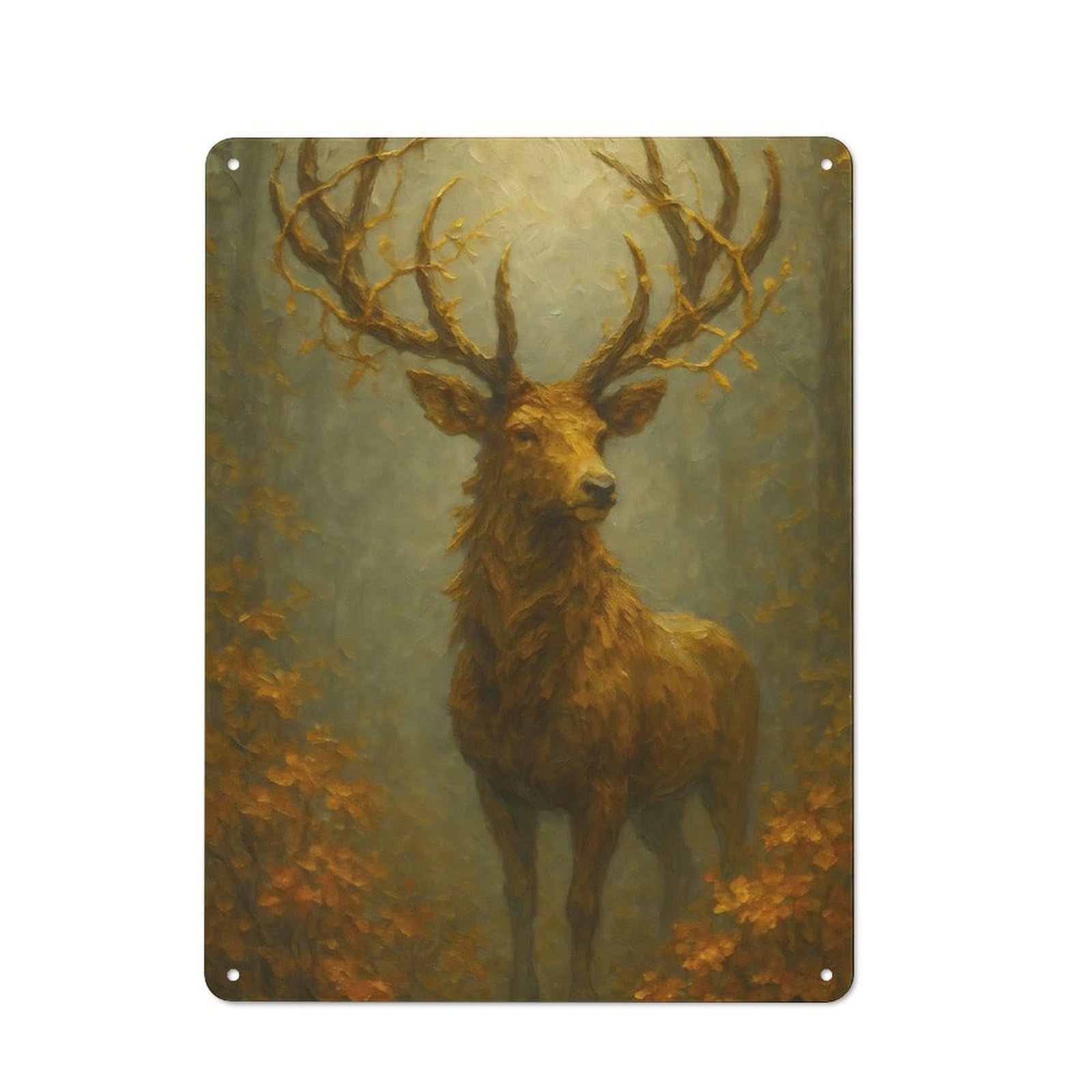 Golden Deer in Autumn Forest Industrial Metal Sign 40x30cm, Clean Industrial Loft Wall Plaque for Modern Home, Workshop, Office Or Cafe
