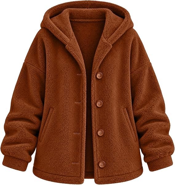 Sherpa Fleece Jacket Women Oversized Button Up Fuzzy Hooded Coats Pockets - image 6
