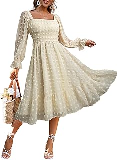 Women's Boho Flowy Long Sleeve Square Neck Floral Midi Dress Smocked Spring Fall Wedding Guest Dresses