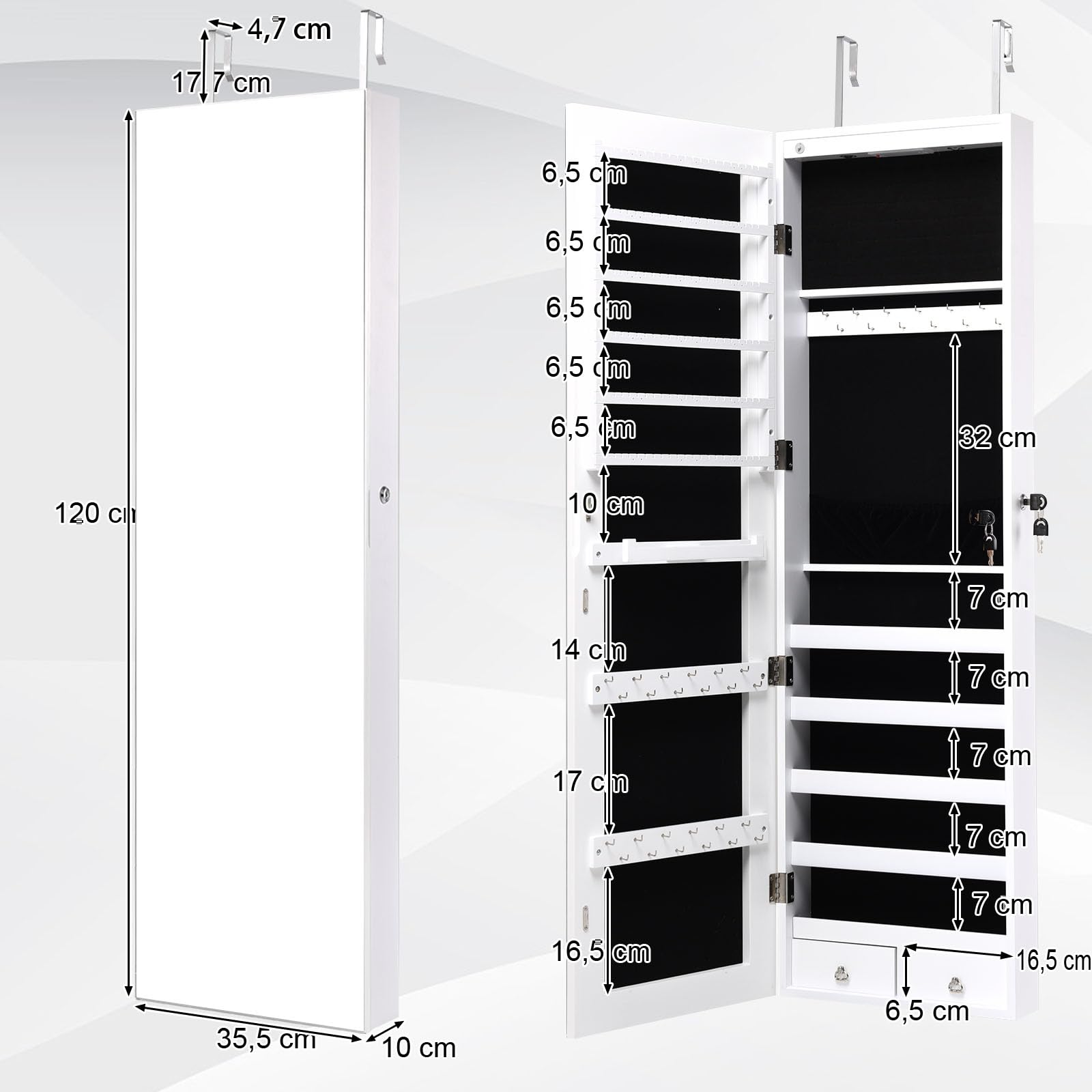 GYMAX Armadietto Portagioie da Parete, con Specchio e Luci di LED, Scaffale/Gancio per Orecchio/Collana/Braccialetto, 36 x 10 x 120 cm (Bianco)