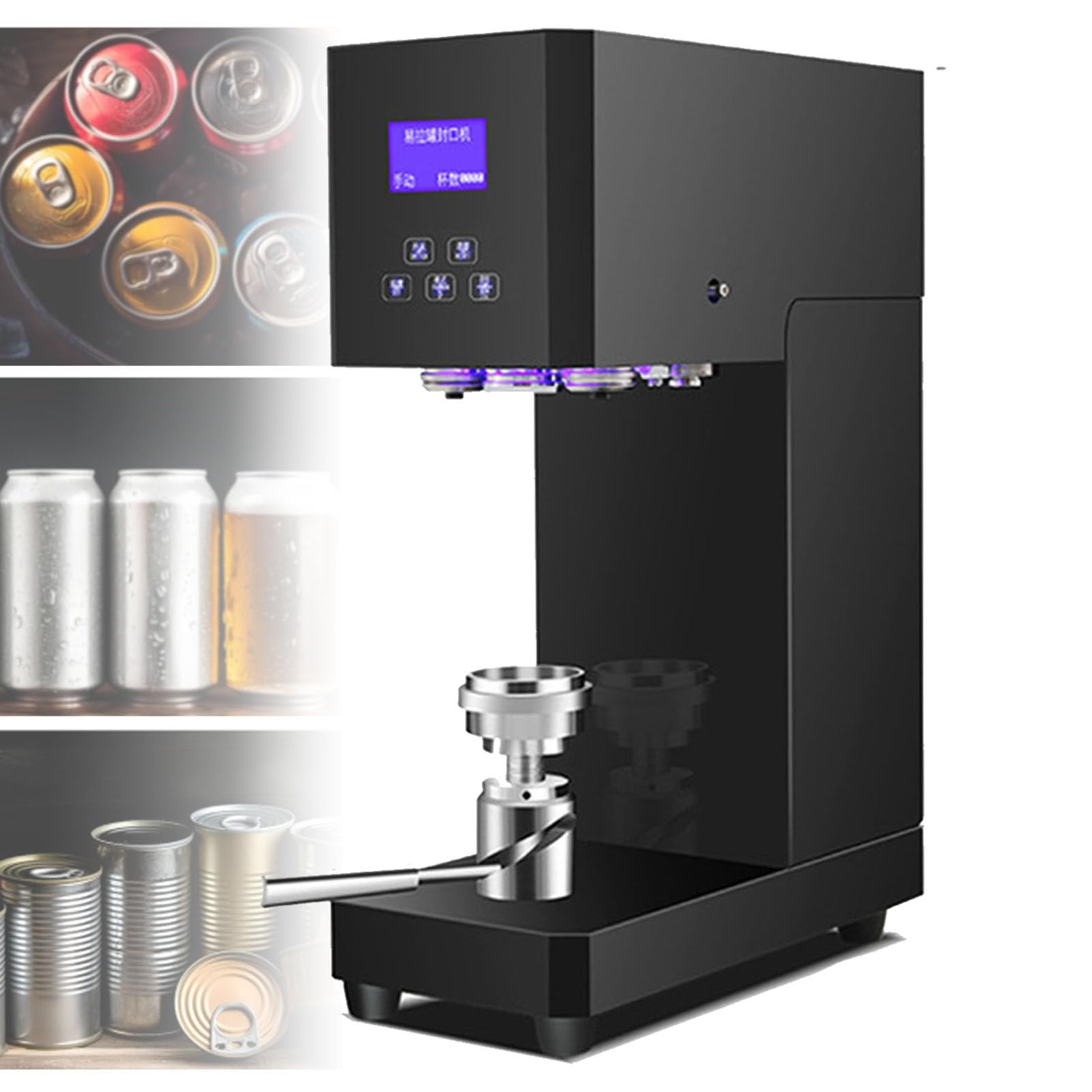 Automatische Dosenverschließmaschine, kommerzieller Tischdosenverschließer mit intelligentem LCD-Display, schnelles und präzises Verschließen von Dosen, Flaschen und Gläsern,Black