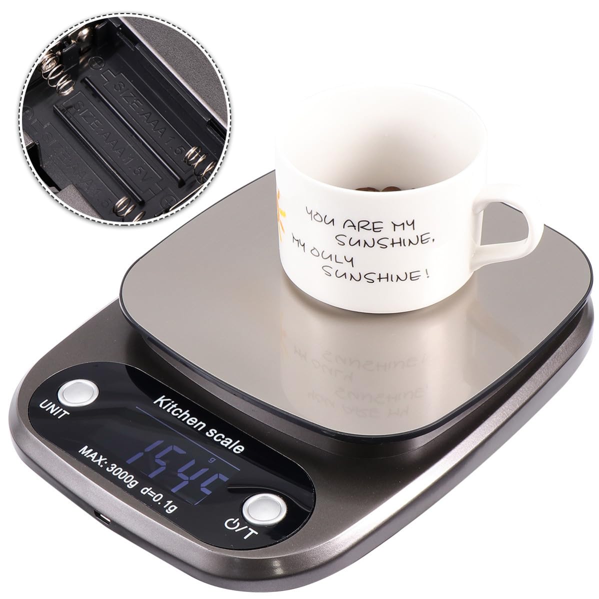 Operitacx Digitale Küchenwaage Wiederaufladbare Portable Waage aus Edelstahl 3 Kg/0,1g Präzise Lcd Anzeige für Küche und Schmuckgebrauch