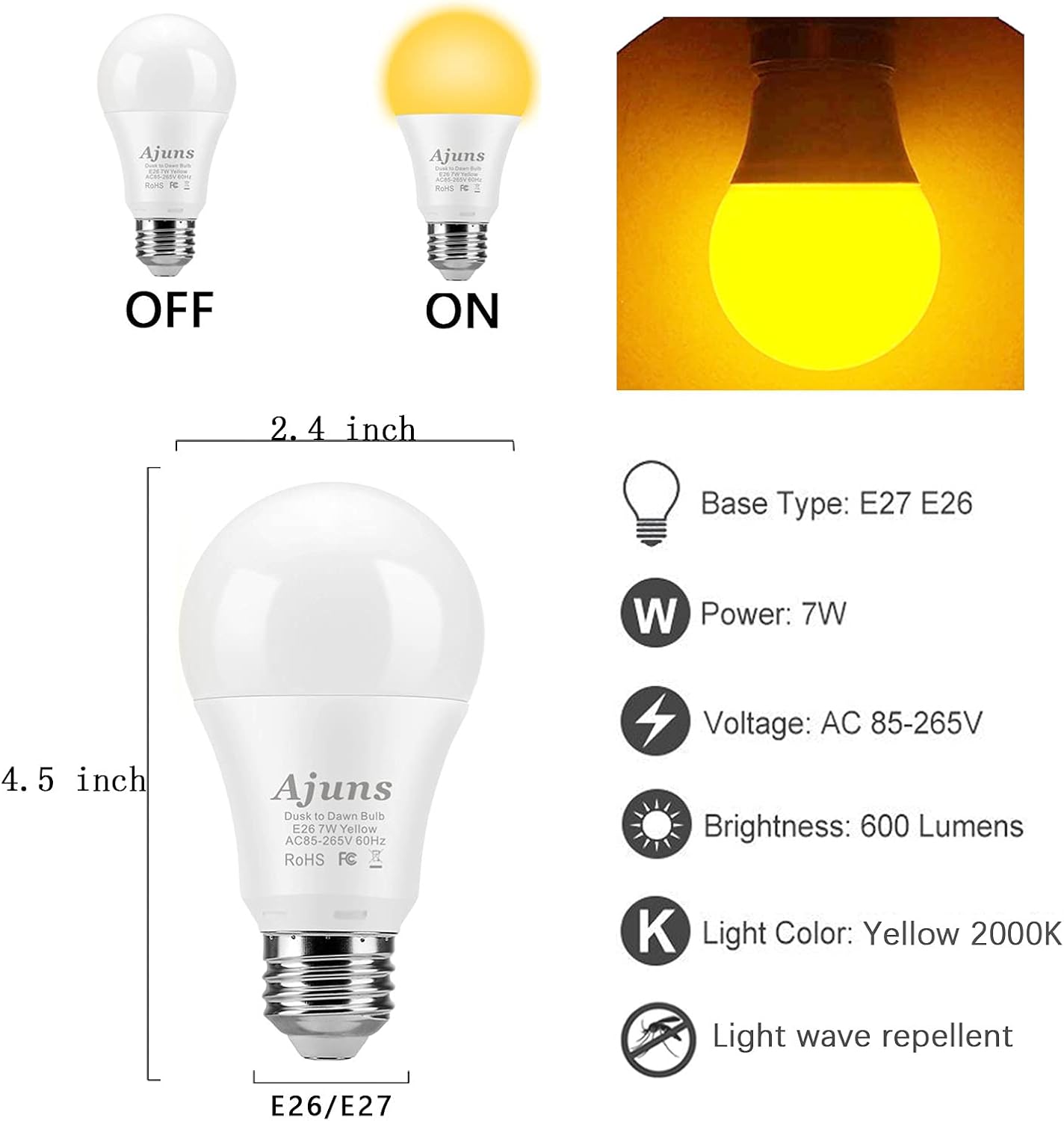 Product Deal Dusk to Dawn Bug Bulb Outdoor Sensor Yellow Bug Light Bulbs Automatic On/Off,for Terrace, Deck, Backyard, Porch, 7W Yellow Lights 2000K, 2 Packs Get Cheap Price Dusk to Dawn Bug Bulb Outdoor Sensor Yellow Bug Light Bulbs Automatic On/Off,for Terrace, Deck, Backyard, Porch, 7W Yellow Lights 2000K, 2 Packs