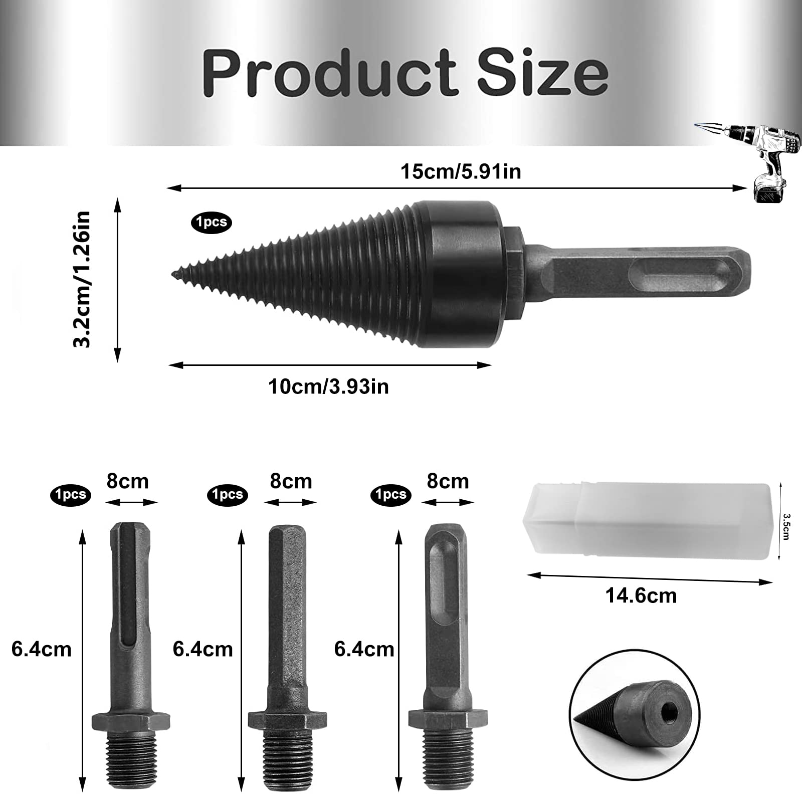 Fendeuse Bois Cône, Fendeur de Buche 32mm pour Perceuse Électrique, Fendeuse à Bois, Foret à Fendeuse à Bois avec 3 Poignées, Carré/Rond/Hexagonal