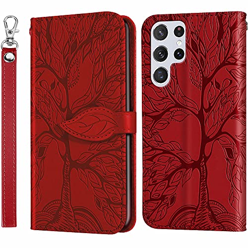 Samsung Galaxy S22 Ultra Case, Samsung S22 Ultra Wallet Case, MEUPZZK Embossed Tree Premium PU Leather [Kickstand] [Card Slots] [Wrist Strap] [6.8 inch] Phone Cover for Samsung S22 Ultra (R-Red)