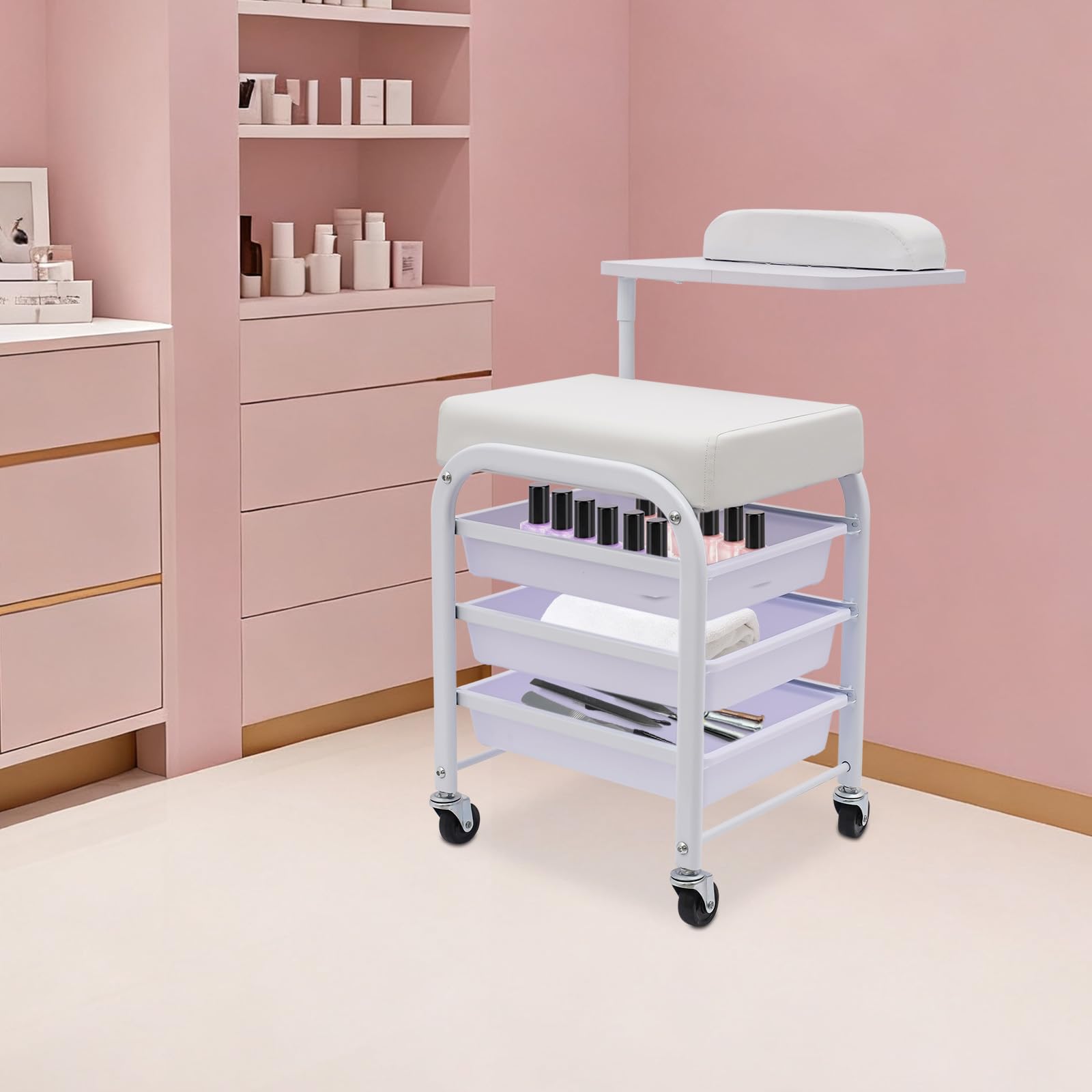 Wózek do manicure, pedicure, przenośny wózek do manicure z 3 szufladami i regulowaną tacą, do kąpieli stóp, SPA, na kółkach, biały