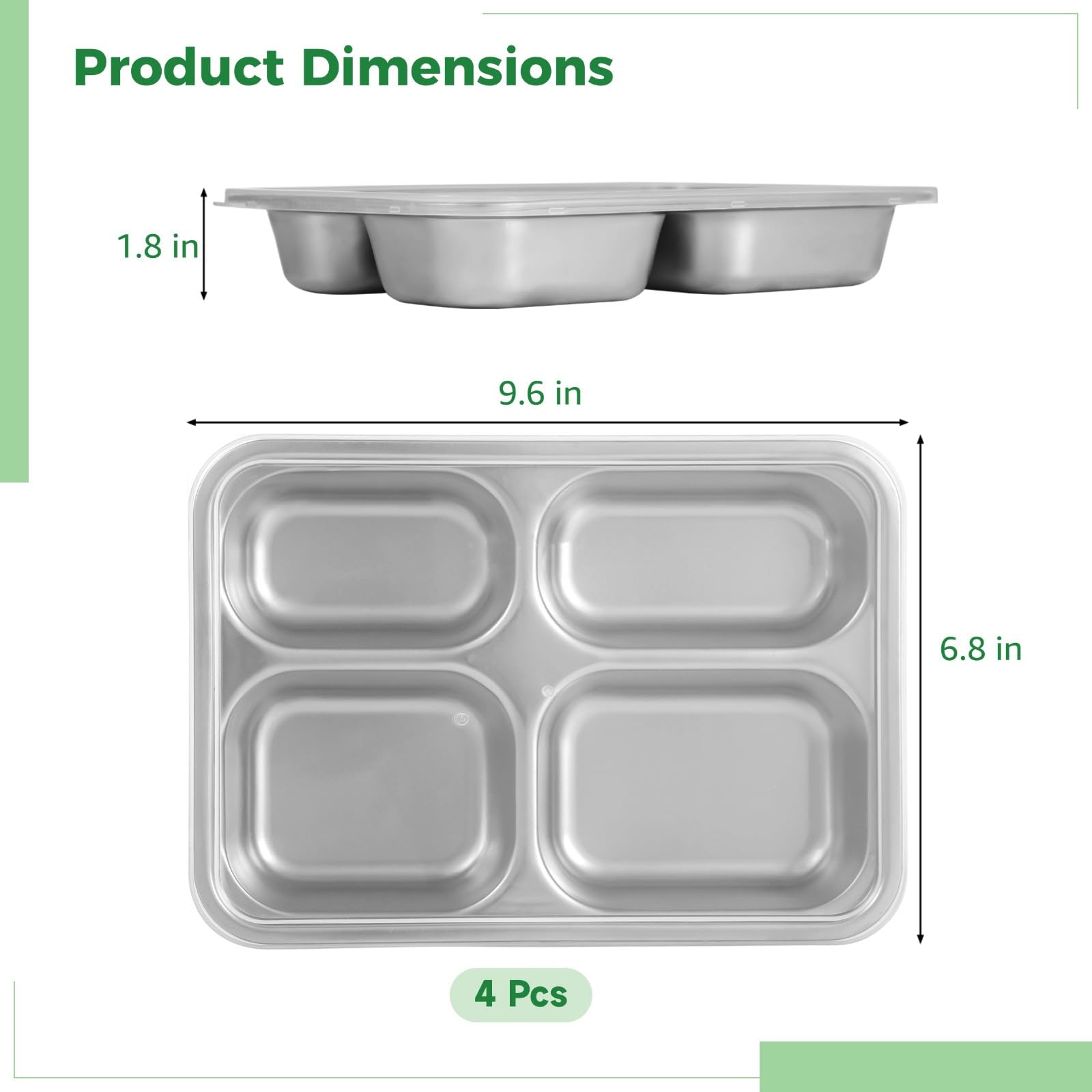 Lot de 4 boîtes à bento en acier inoxydable avec couvercles pour enfants et adultes, plateaux à déjeuner réutilisables