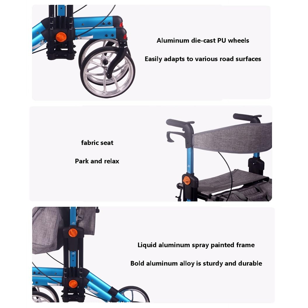 Andadores para Personas Mayores con 4 Ruedas,andador rollator con freno,Andador con ASIENTO y CESTA,Andador de Aluminio Plegable,altura ajustable blue