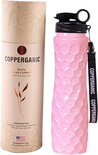 COPPERGANIC Botella de agua de cobre con forma de diamante martillado a mano botella deportiva rosa rubor