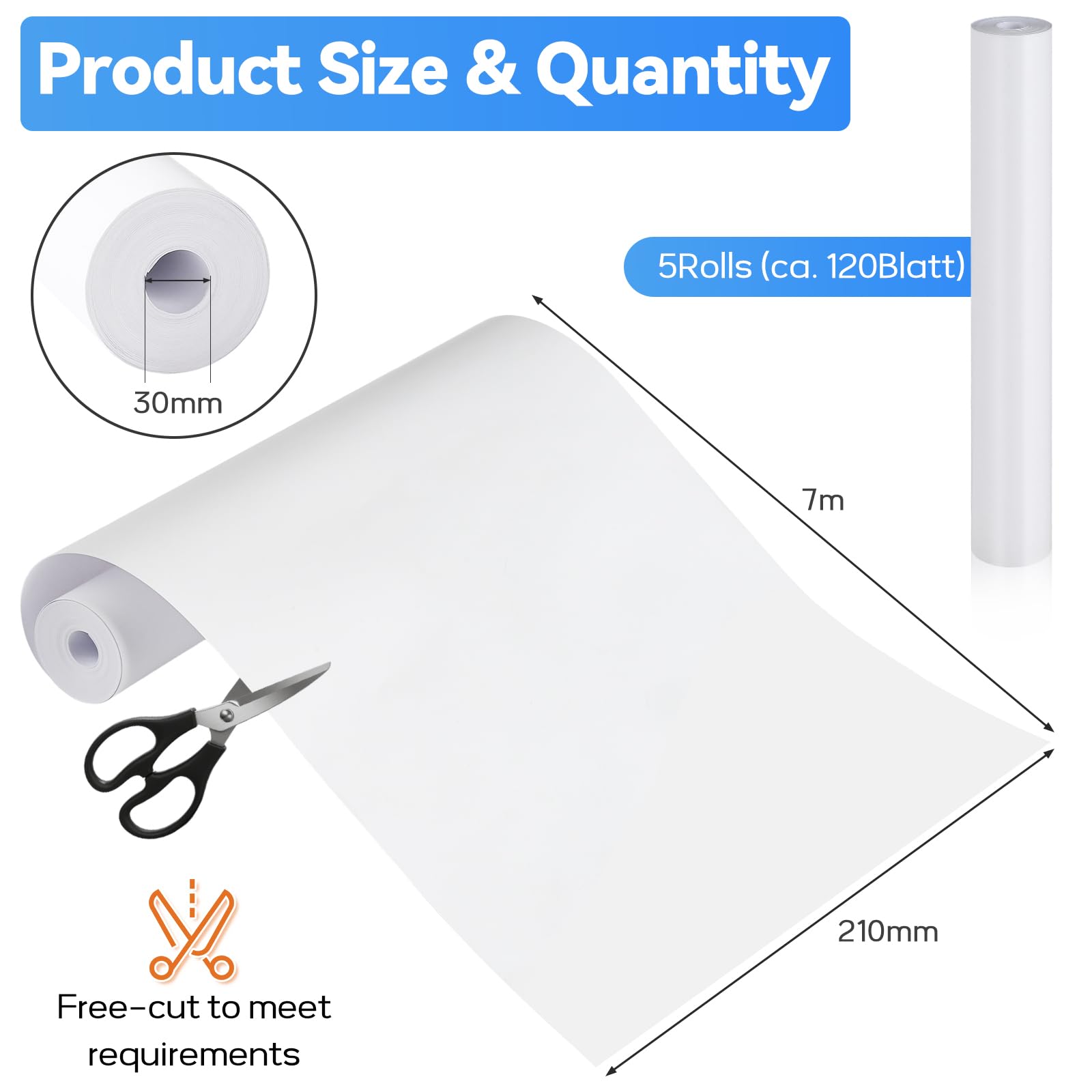 5 rolek papieru termicznego A4, bez BPA (ok. 120 arkuszy), papier do drukarki termicznej, szybkoschnący, 210 mm x 7 m, papier do drukarek A4, do drukarek fotograficznych, notatek, etykiet, plików