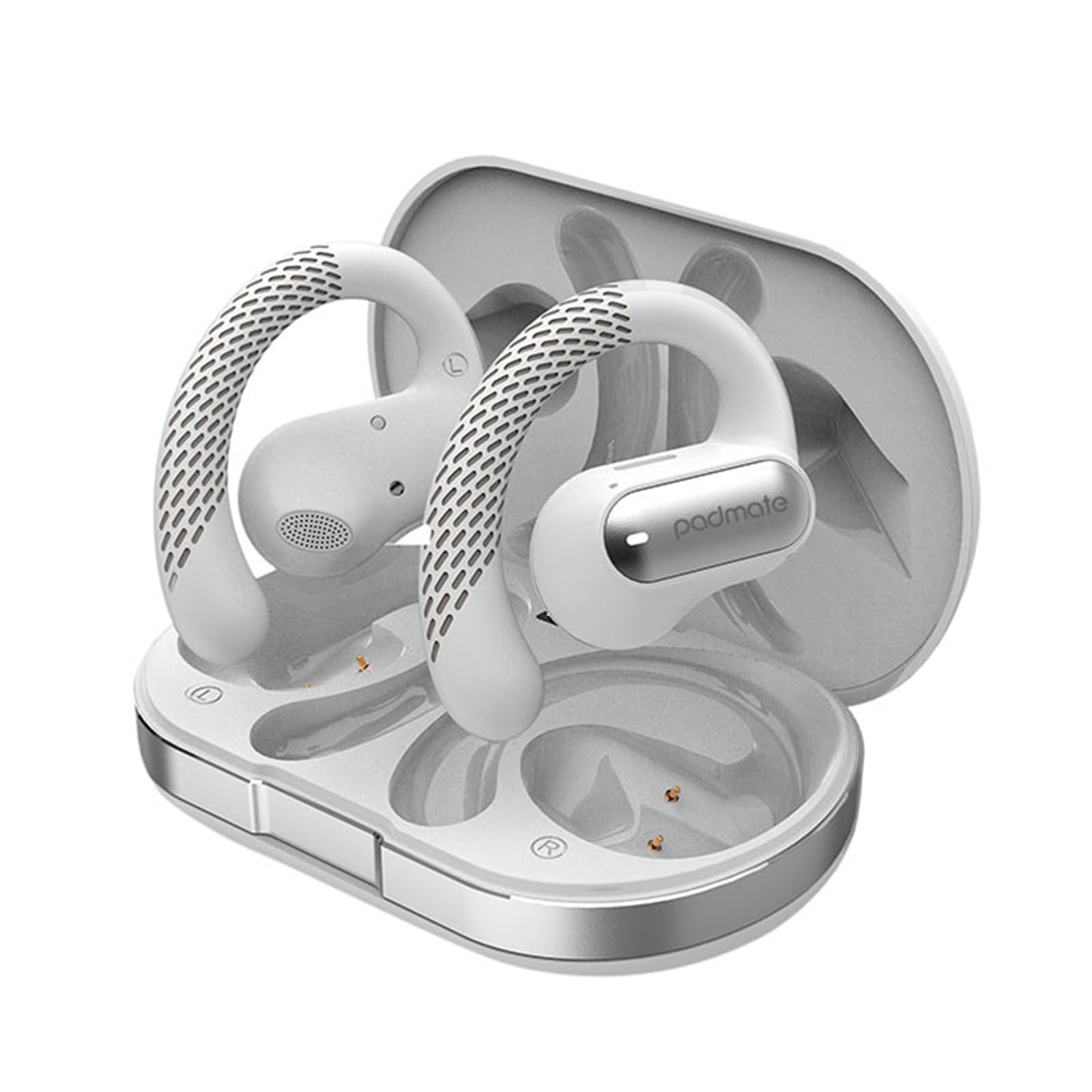 PadmateOpen Ear Wireless Stereo Earbuds Bluetooth 5.3 Headphones Over 72hrs Playtime Charging Case, LED Power Display Over Ear Earhook, Noise Cancelling & Deep Bass Headset Sport White