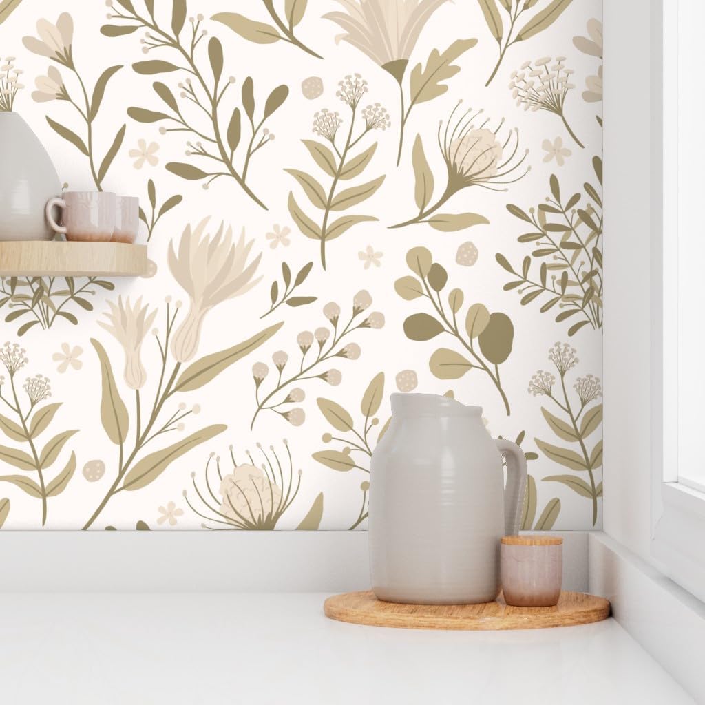 Spoonflower Removable Wallpaper 3ft x 2ft - Blooms Cream Green Flowers Floral Tan Neutral Custom Pre-Pasted Wallpaper