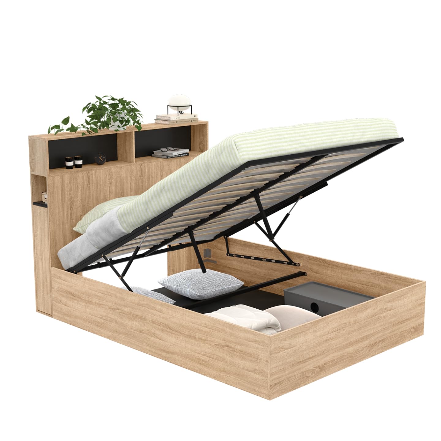 The IDMarket Clyde Double Storage Bed with its slatted base lifted, revealing a spacious under-bed storage compartment filled with pillows and boxes.