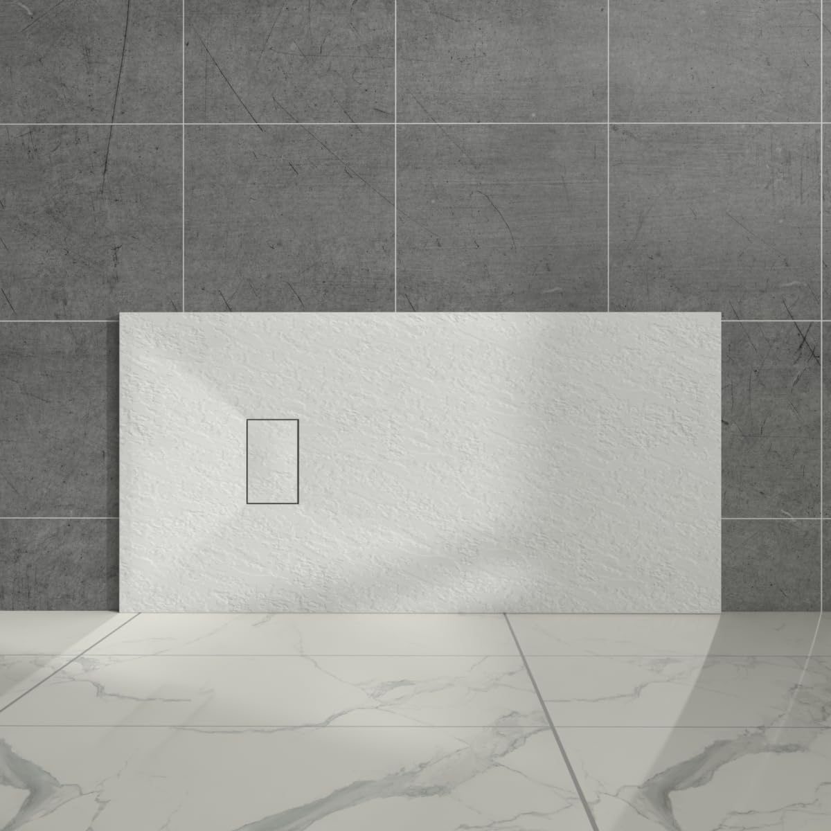 Aquariss White Rectangular Shower Tray Slate Effect SMC Slip-Resistant Shower Base for Bathroom Enclosures 1500x700mm with Waste