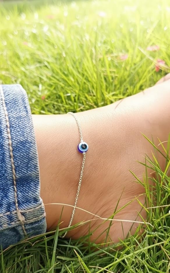 Image of High Trendz Evil Eye Anklet for Women & Girls | Silver Plated Nazar Charm Anklet | Adjustable Minimal Foot Jewellery | Gift for Birthday, Rakhi, Valentine