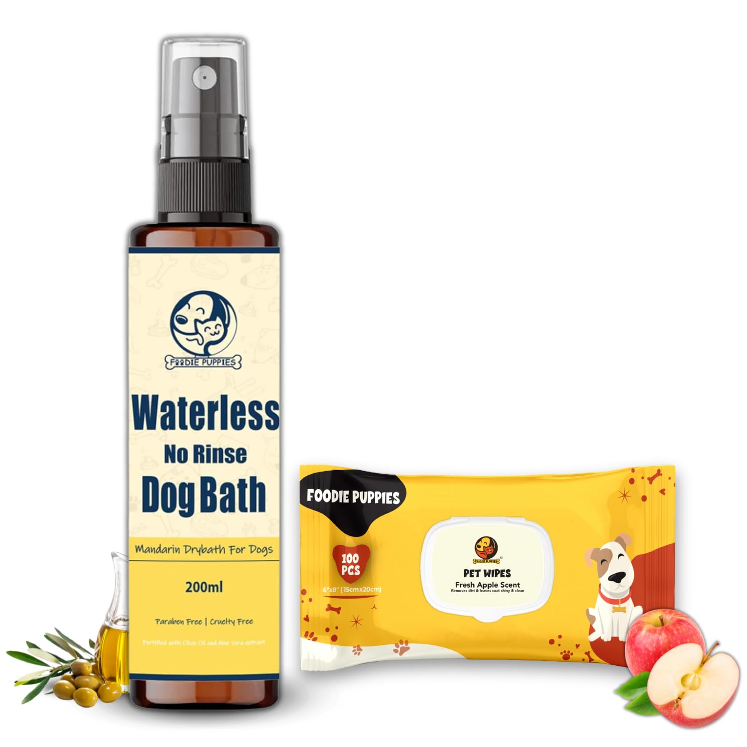 Foodie Puppies Dog 2in1 Grooming Combo for Dog - (Apple Scented 100 Wipes + Mandarin Dry Bath-200ml) Infused with Nourishing Olive Oil and Aloe Vera | Suitable for All Types of Pet (B0CQJK17DT) Amazon Price History, Amazon Price Tracker