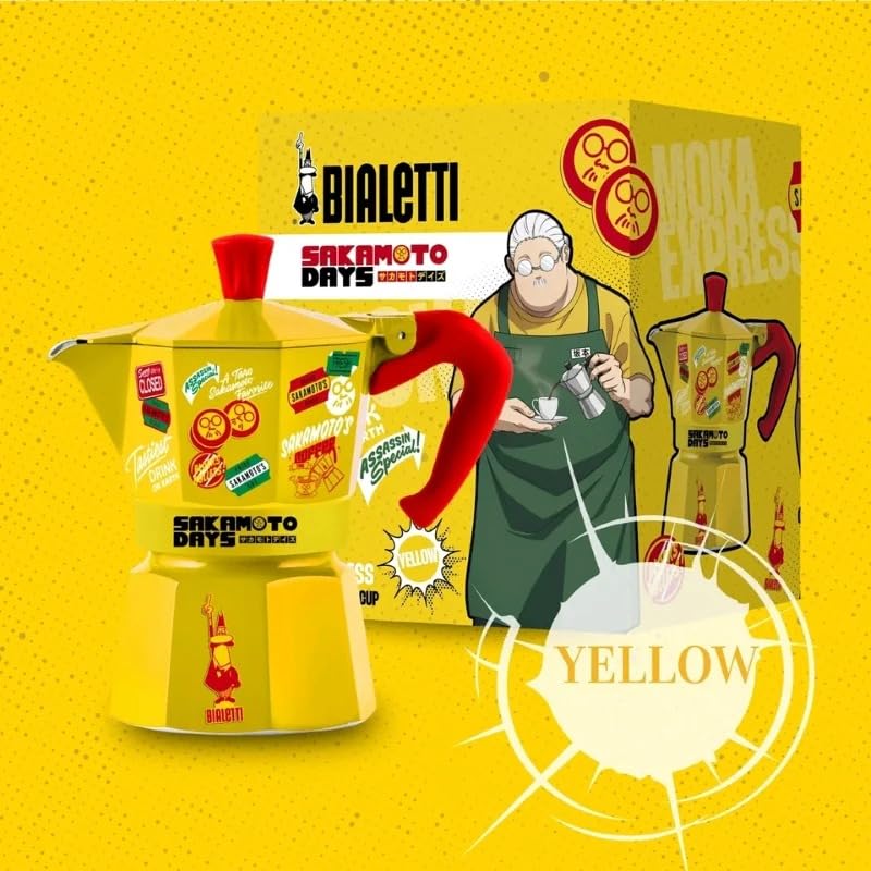 Image of BIALETTI SAKAMOTO DAYS 3 Cup Espresso Maker Yellow Espresso Maker and Macinetta