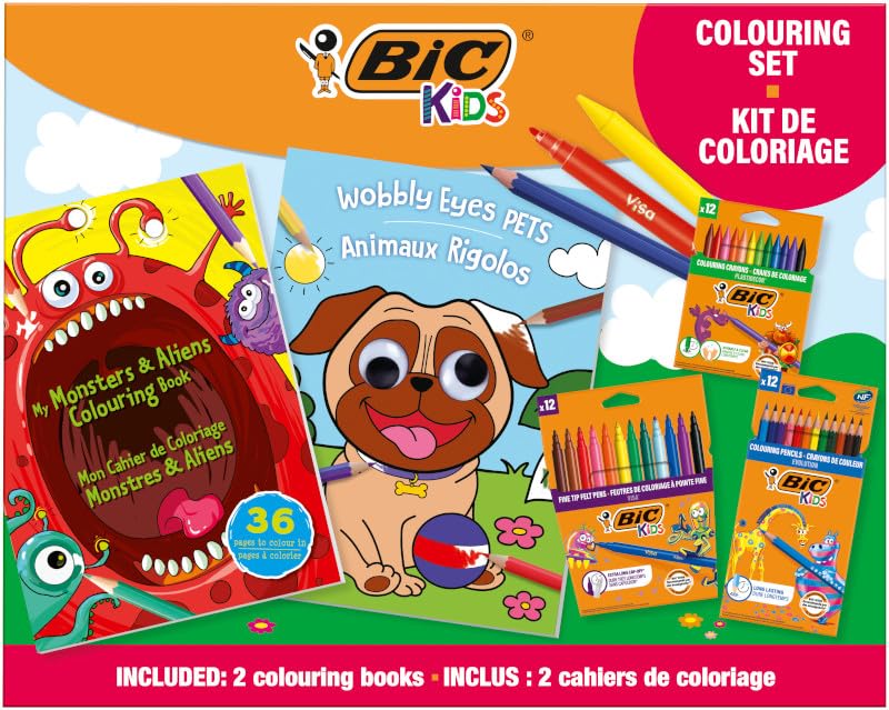BIC Kids Fun Colouring Set, Set Disegno per Bambini, Valigetta contenente 12 Pennarelli Colorati, 12 Matite Colorate Prive di Legno, 12 Pastelli a Cera, 2 Libri da Colorare Mostriciattoli & alieni + Animaletti, 38 Unità, Cancelleria