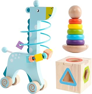 Kids Wooden Montessori Toy Set Shape Sorter Toy & Stacking Toy & Bead Maze Multifuntional Montessori Toy Early Educational Toy Birthday Gift for 3+ Years Kids Toddlers