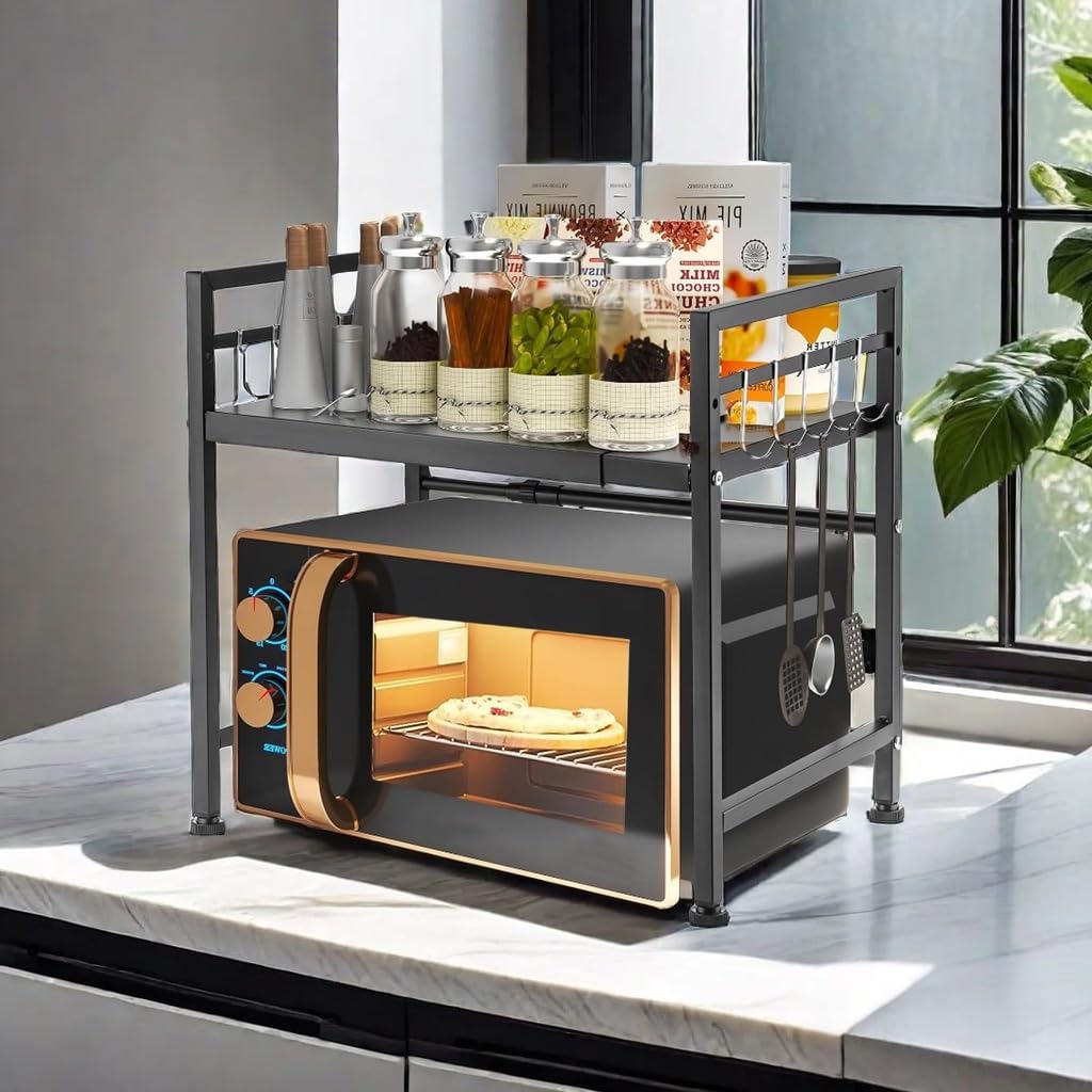 Etagere micro ondes extensible 40-65 cm, etagere micro onde vertical avec 6 crochets en S, support de cuisine pratique pour plan de travail, organisateur de cuisine (Noir, 2 niveaux)