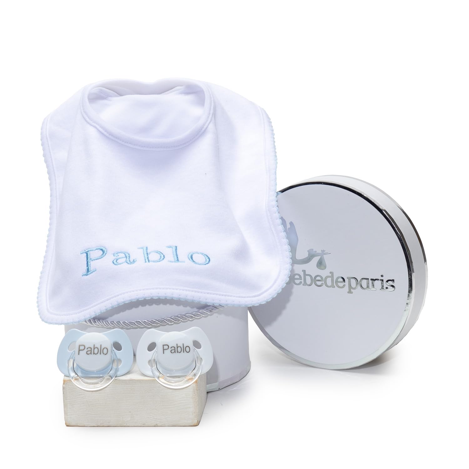 Canastilla Deluxe para Recién Nacido | Incluye Dos Chupetes y Babero Personalizados | Hecho a Mano en España (Azul) | BebeDeParis