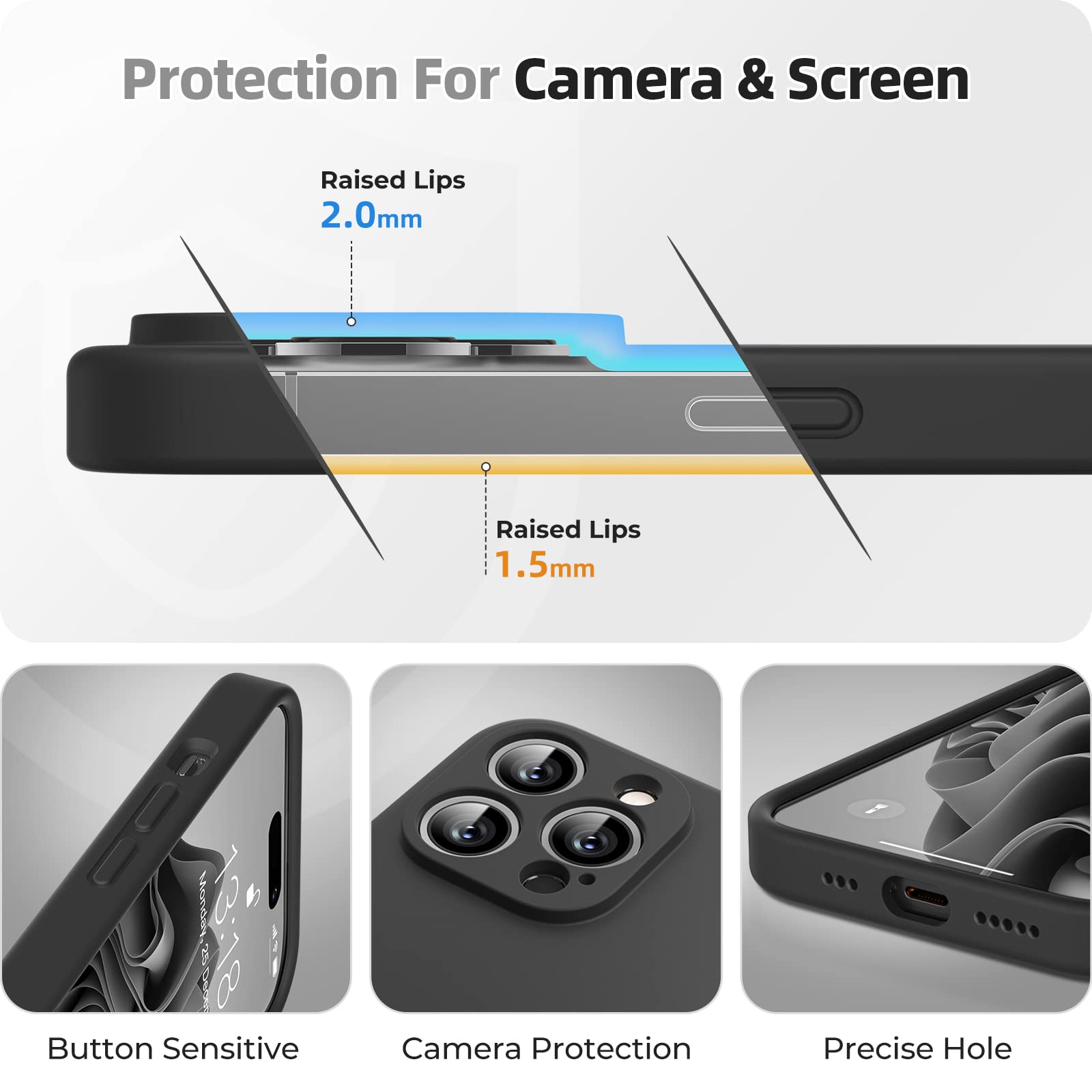 GOODVISH 3 in 1 Cover in Silicone per iPhone 14 Pro 6,1" (2022), con 2 Pezzi di Pellicola Protettiva, iPhone 14 Pro Custodia per Cellulare Antiurto Resistente 360° Protezione, Nero