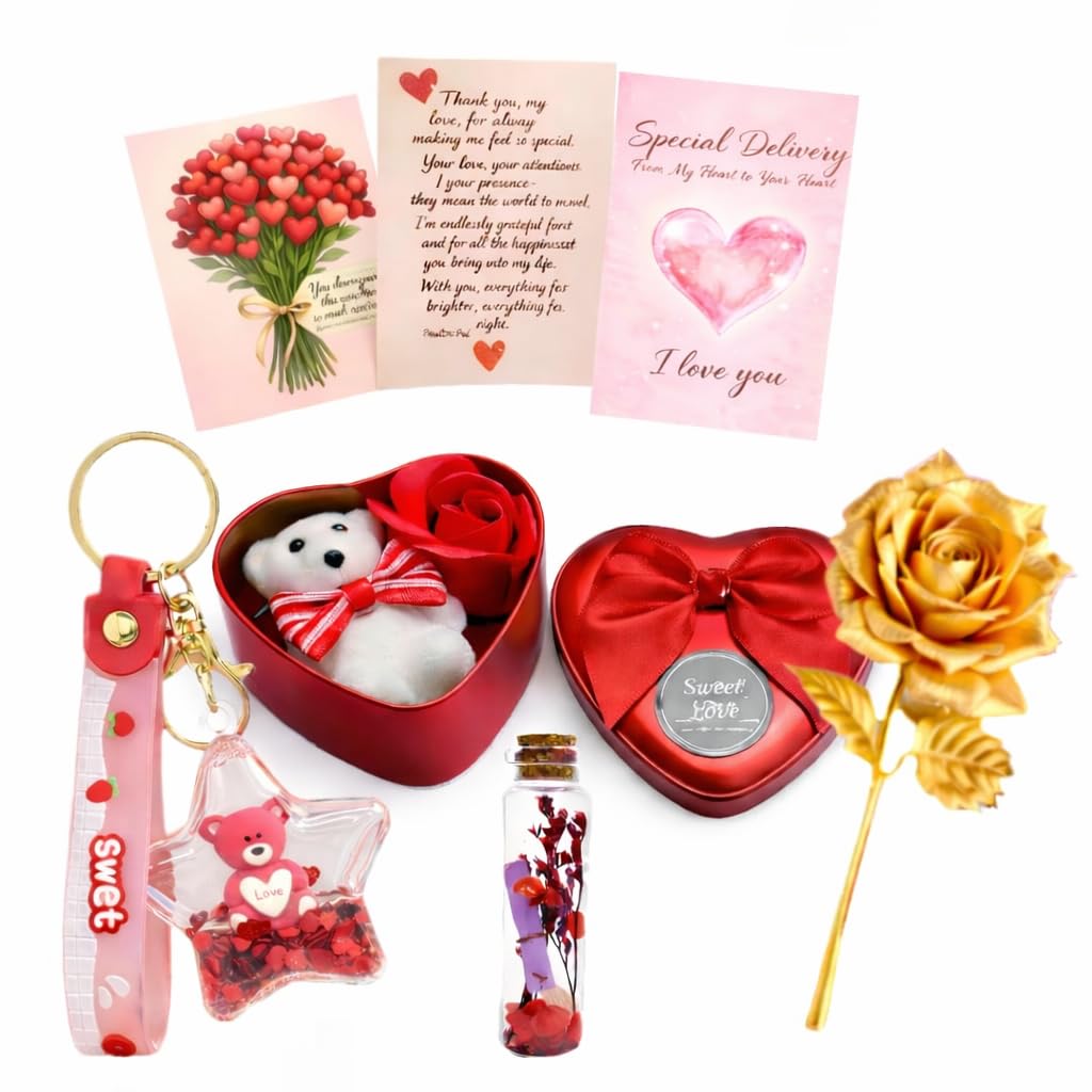 Yadava Valentine's Day Gift Hamper | Romantic Gift for Girlfriend,Wife | Love Gift Set | Valentine Special Love Combo Gift Set | Greeting Card, Cute Keychain, Golden Rose, Heart Shaped Teddy Box-image-32