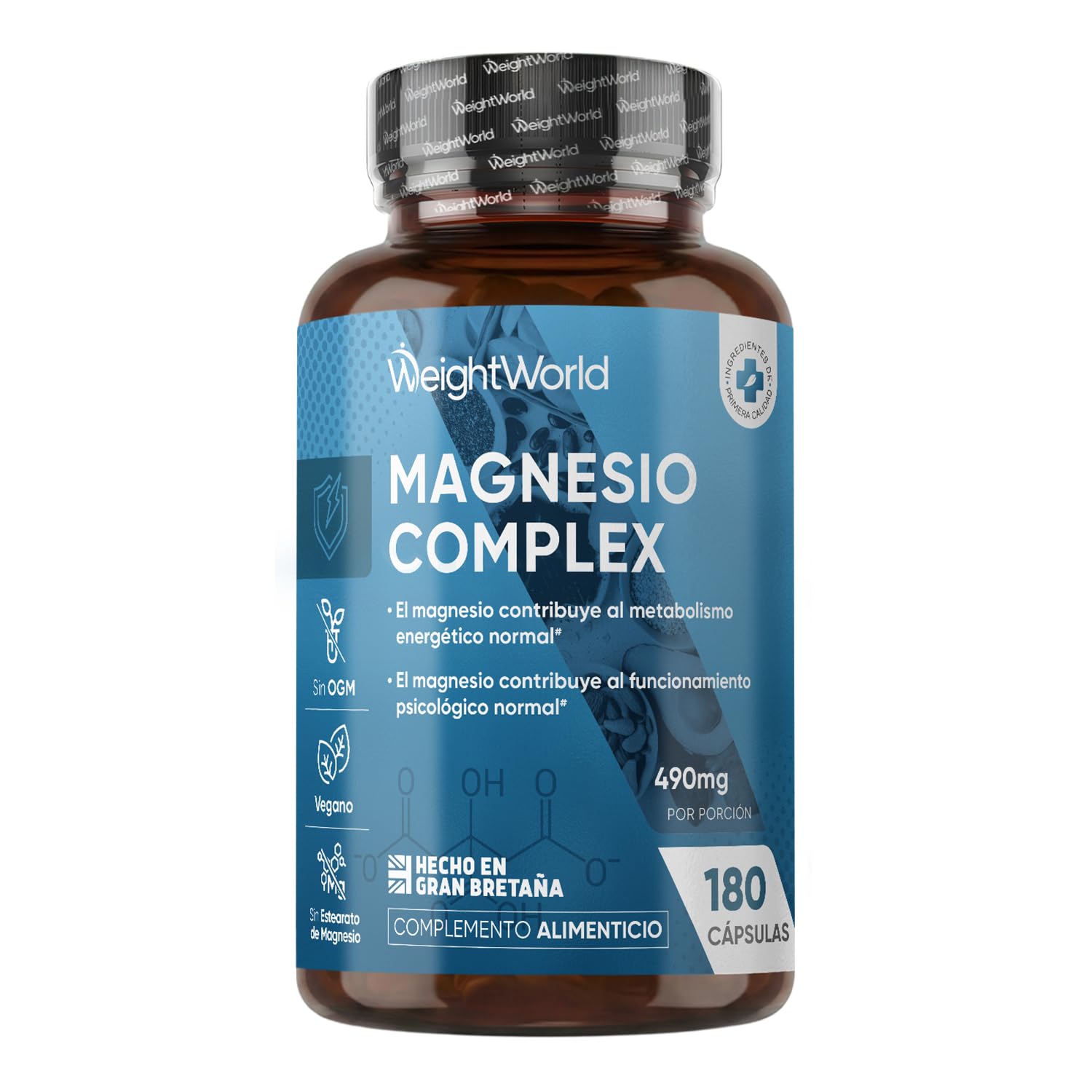 Magnesio Complex 490mg, 180 Cápsulas, 3 Meses de Suministro - Con Citrato, Bisgl