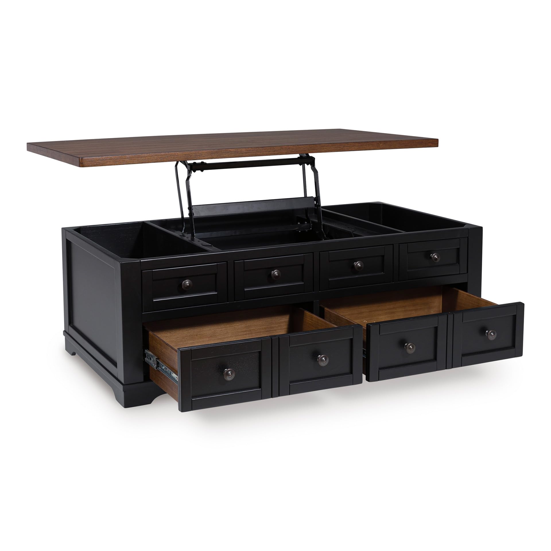 Signature Design by Ashley Wildenauer Lift Top Cocktail Table, Satin Finish Base, 2 Drawers, 2 Storage Bins, Hardwood Solids, 52" W x 28" D x 19" H, Light Brown & Black