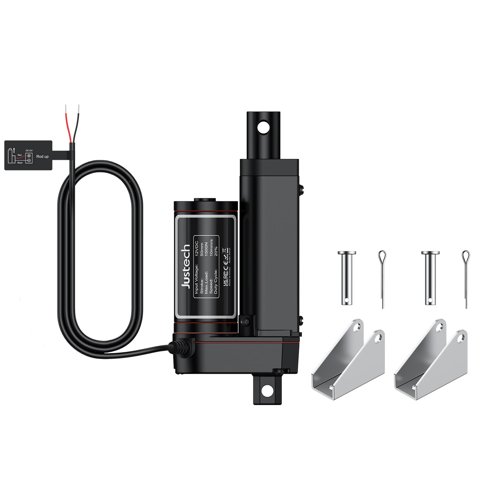 Justech 12V Heavy-Duty Linear Actuator 330lbs/1500N-2inch/50mm Silent IP65 Electric Actuator with Brackets for Electric Windows, RV Adjustments (1500N 50mm)