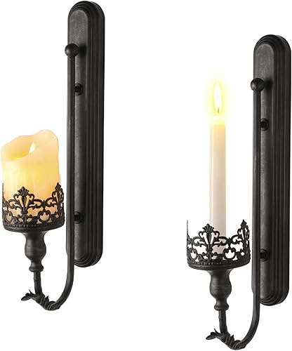 We Moment Juego de 2 candelabros de pared de metal, portavelas de pared negro, moderno candelabros de pared colgantes, corona retro para sala de