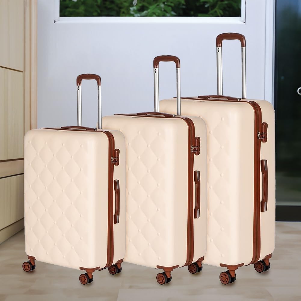 Set 3 Valigie Rigide in ABS, Valigia Rigida con Manico Telescopico e 4 Ruote Easy Roll, Trolley Resistente e Leggero da Viaggio, Bagaglio a Mano con Serratura Codice (Beige e Marrone)