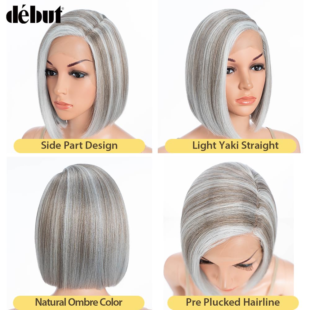Lace Front Bob Wigs Ombre Highlight Light Gray with Brown Side Part with Hand-Tied Lace Front Short Bob Ombre Grey Synthetic Wig for Women