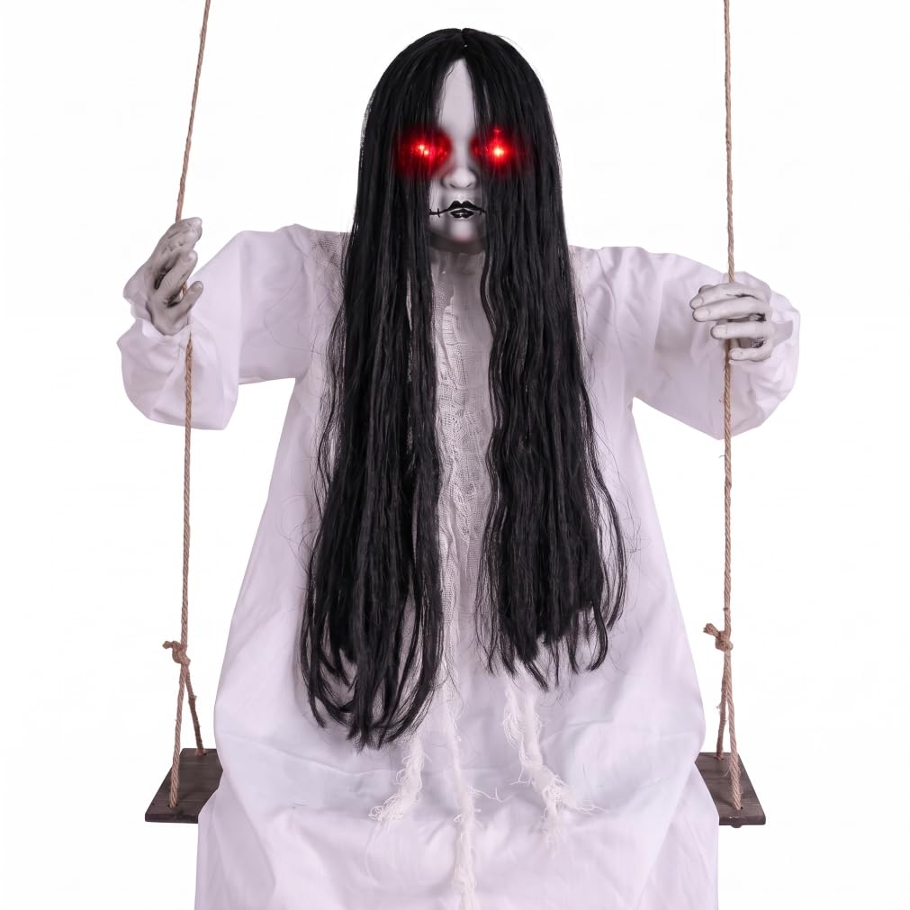 Apprelady Scary Halloween Decorations, Sound & Touch Activated Swinging Ghost Outdoor Decor, White