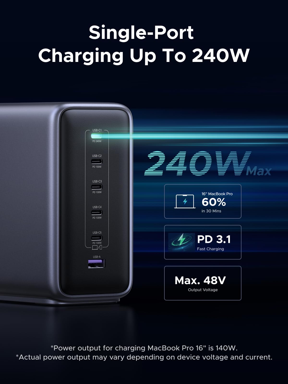UGREEN Nexode - Stazione di ricarica rapida GaN da 500 W, 6 porte USB-C e USB-A, porta singola da 240 W, controllo intelligente della temperatura, design salvaspazio, per laptop, telefoni e altro