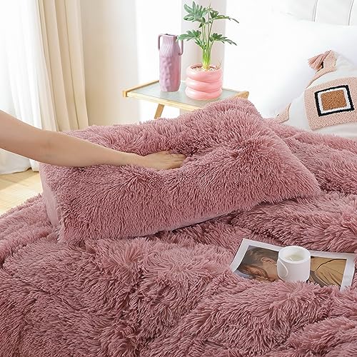 Smoofy Fluffy Queen Comforter Set, Faux Fur Comforter Set Queen Size, Luxury Fuzzy Bedding Set, Soft Shaggy Bed Set for All Season, 3 Pieces - 1 Comforter & 2 Pillowcases, Violet Pink